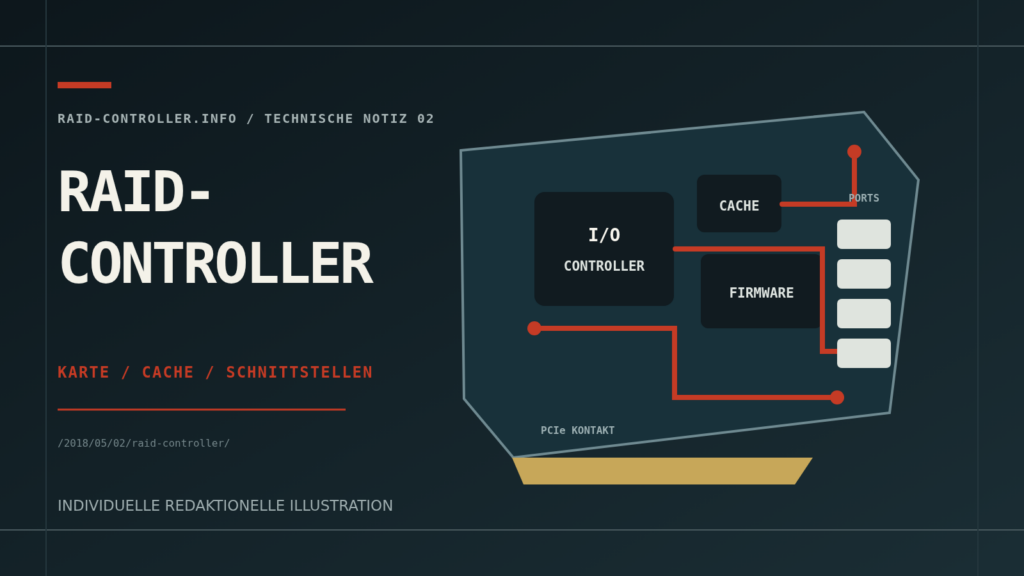 Abstrakte technische Illustration einer RAID-Controller-Karte mit Cache, Schnittstellen und Leiterbahnen