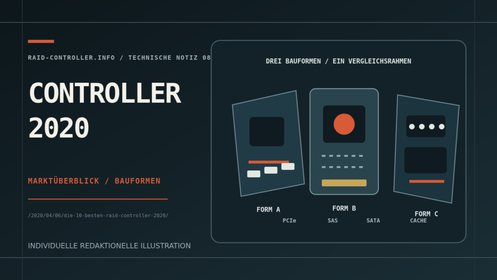 Redaktionelle technische Illustration mit drei unterschiedlichen RAID-Controller-Bauformen für den Marktüberblick 2020
